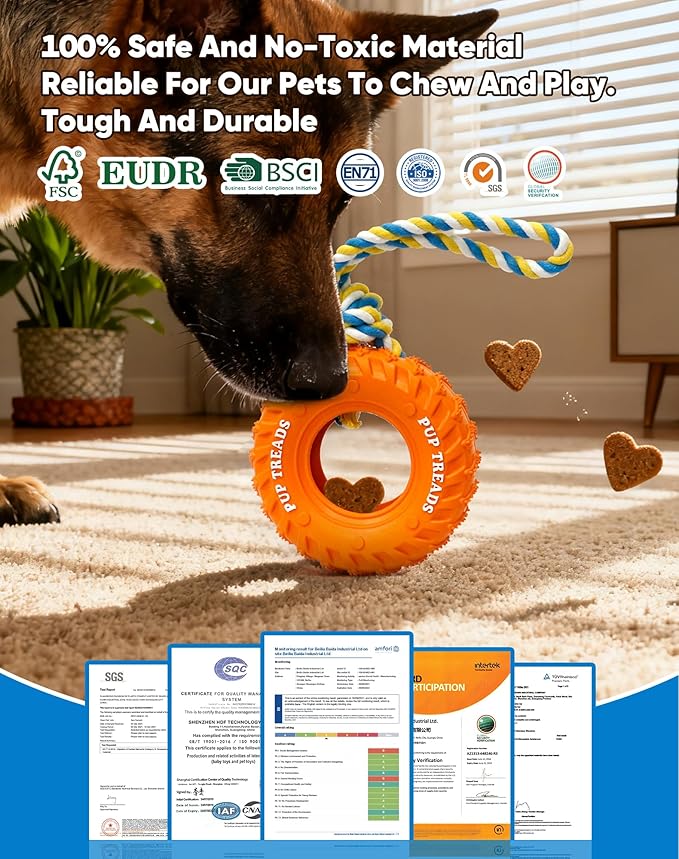 Deeow Dog Tire Toy, Treat Dispensing Chew Toy for Teething Clean and Dental Care, Natural Rubber Dog Toy for Fetching Game, Tug-of-war Interactive Slow Feeder Enrichment Pet Toy-Orange