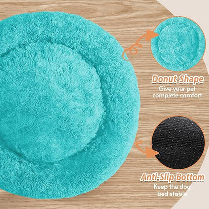 JOLLYVOGUE Calming Dog Bed Medium Size Dog, 31in Donut Washable Medium Pet Bed, Anti-Slip & Anti-Anxiety Fluffy Faux Fur Round Dogs Bed, Fits up to 45 lbs Pets (Aqua Blue)