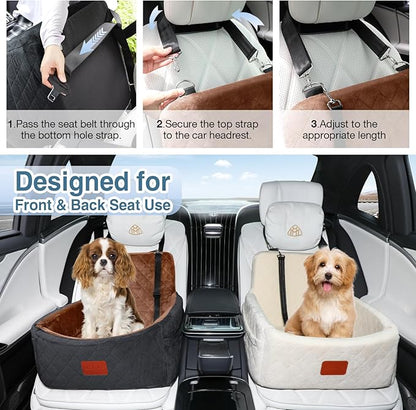 WOOAIDAGG Dog Car Seat for Small Dogs Under 30lbs,Ultra Soft Fabric & Memory Foam Pet Travel Car Bed,Washable & Detachable,Anti-Slip Bottom,2 Storage Pockets and Safety Tethers(Black/Brown)