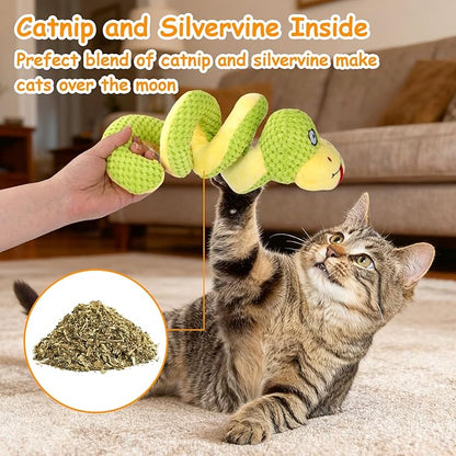 Retro Shaw Interactive Indoor Cat Toys – 11" Realistic Snake with Silvervine & Catnip, Crinkle Sound & Spring-Loaded Design, Bite-Resistant Plush Kicker for Kitten Teething, Boredom Relief & Exercise