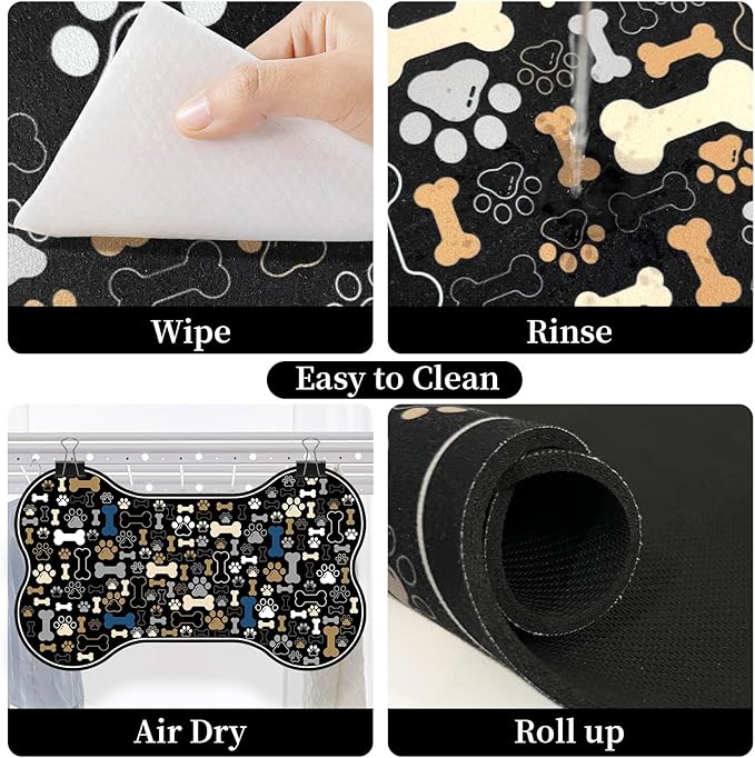 Dog & Cat Food Mat Bone Shaped Pet Feeding Mat Quick Absorb Water Bowl Placemat with Rubber Backing Indoor Floor Stain Resistant Pet Accessory Supplies (Black, 17x29 Inches)