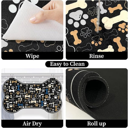 Dog & Cat Food Mat Bone Shaped Pet Feeding Mat Quick Absorb Water Bowl Placemat with Rubber Backing Indoor Floor Stain Resistant Pet Accessory Supplies (Black, 17x29 Inches)