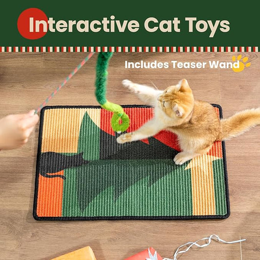 Cat Scratcher Mat,Sisal Cat Scratch Pad,Horizontal Floor Cat Scratching Pads Rug for Indoor Cats,Protector for Wall&Carpets&Sofas,Kitty Xmas-Gift, Includes Cat Toy (M, Christmas)