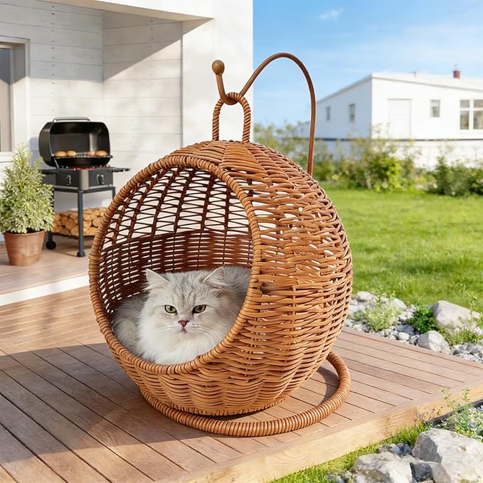 Cat Swing Bed, Cat Egg Chair with Imitation Woven Rattan Appearance, Indoor Hanging Swinging Cat Bed for Cats, Small Dogs, and Small Animals, Brown