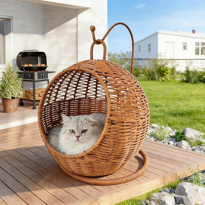 Cat Swing Bed, Cat Egg Chair with Imitation Woven Rattan Appearance, Indoor Hanging Swinging Cat Bed for Cats, Small Dogs, and Small Animals, Brown