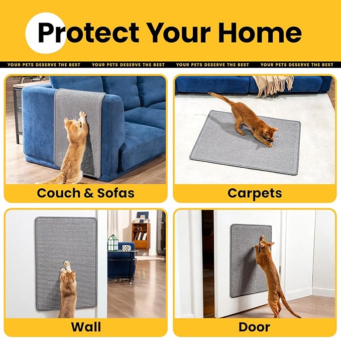 Cat Scratcher Mat,Natural Sisal Cat Scratch Pad with Hook&Loop Tape,Horizontal Floor Kitty Scratching Pads Rug for Indoor,Cat Furniture Protector for Couch&Carpets&Sofas, Medium, Grey, 2 Pack