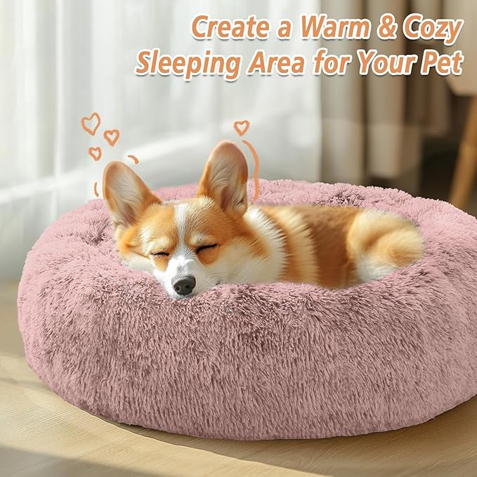 JOLLYVOGUE Calming Dog Beds Large Sized Dog, 36in Donut Washable Large Pet Bed, Anti-Slip & Anti-Anxiety Fluffy Faux Fur Round Dogs Bed, Fits up to 80 lbs Pets (Dark Pink)