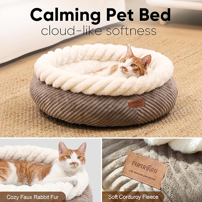 FUKUMARU Cat Bed, Calming Donut Dog Beds, Plush Faux Fur&Corduroy Kitten Beds, Cute Round Washable Pet Bed for Large Cats and Puppy, Cat Cave with Anti-Slip Bottom, 21inch, Camel