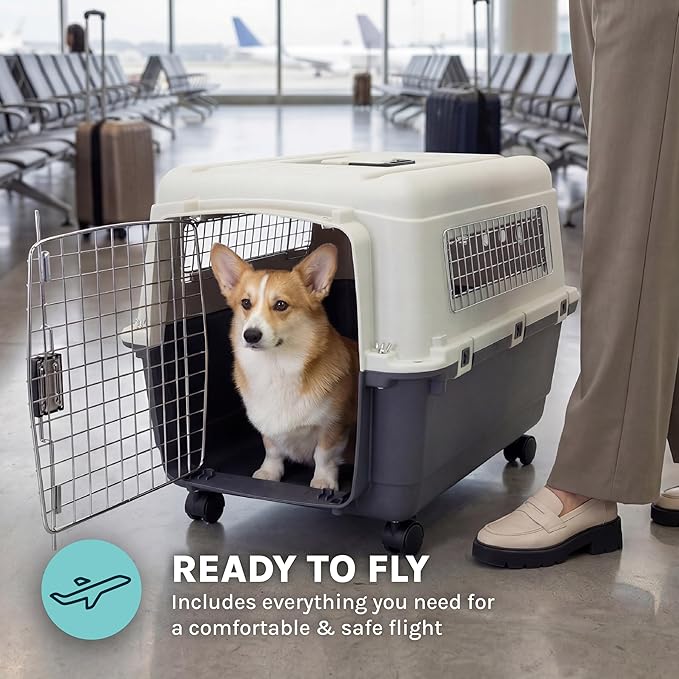 SportPet Airline Compliant MEDIUM 24.25" Travel Dog Kennel-Durable Plastic Airline Pet Carrier w/Removable Wheels & Food Bowls, Collapsible Indoor/Outdoor Dog Kennel, Dogs up to 23"L & 15"H-Cream/Gray