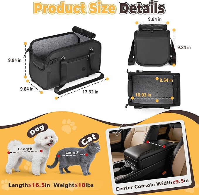 YUDODO Large Dog Car Seat for Center Console (Width＞9.5in) Fits 10-18lbs, Anti-Slip Puppy Cat Travel Portable Booster Seat, Luxury Pet Car Bed Carseat PU Leather Black