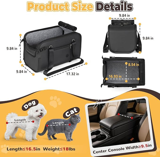 YUDODO Large Dog Car Seat for Center Console (Width＞9.5in) Fits 10-18lbs, Anti-Slip Puppy Cat Travel Portable Booster Seat, Luxury Pet Car Bed Carseat PU Leather Black