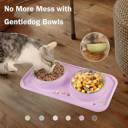 Cat Bowls for Food and Water, Upgrade Cat Food Bowls for Indoor Cats, Premium Removable Stainless Steel Double Bowls with Silicone Anti-Slip Pads, Water Bowl for Cats and Dog (Pink Purple)