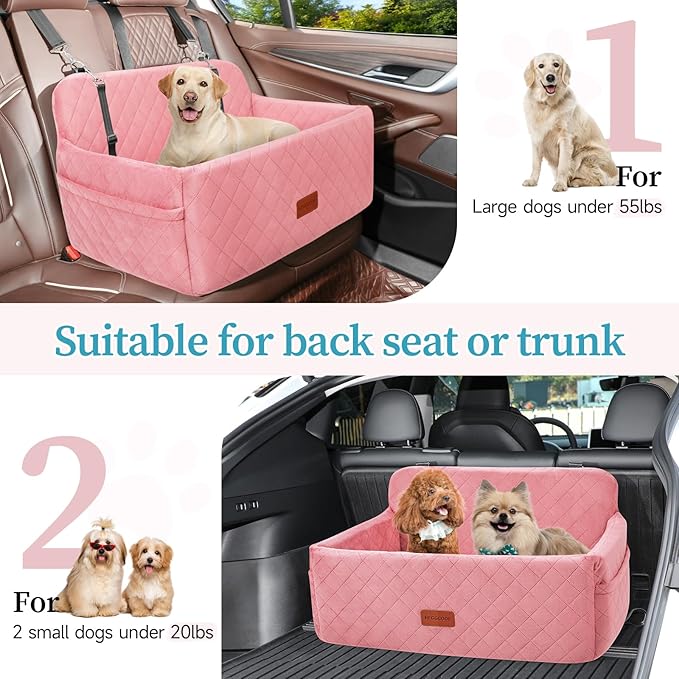 HEGGCOOE Dog Car Seat for Medium/Large Dogs, Pet Booster Seat for Under 55 lbs or 2 Small Dogs, Detachable & Washable Dog Car Bed for Backseat with 2 Safety Leashes (Pink)