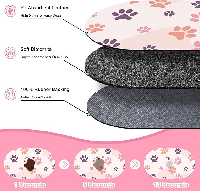 Cat Food Mat Small - 20''x12'' Absorbent Cat Feeding Mat, Pet Water Mats Protect Floor, No Stains Quick Dry Pet Placemats for Food and Water Bowl, Non-Slip Base Cats Bowl Mats for Messy Drinkers