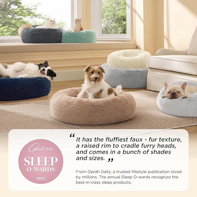 Bedsure Calming Dog Beds Large Sized Dog - Donut Washable Large Pet Bed, 36 inches Anti-Slip Round Fluffy Plush Faux Fur Dogs Bed, Fits up to 80 lbs Pets, Purple