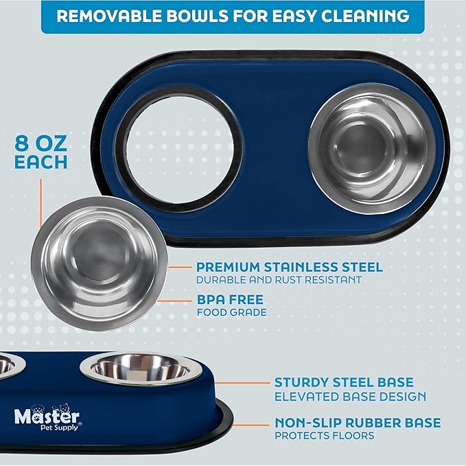 Master Pet Supply Double Dog Bowls Set with Elevated Base and 2 (8 oz) Stainless Steel Removable Dishes (Navy Blue) – Double Cat Food Water Bowl, Dog Puppy Food Bowl Set, Rust Resistant