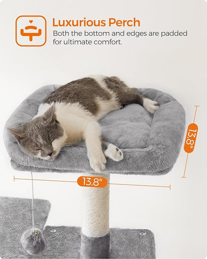 Feandrea Cat Tree, 55.1-Inch Cat Tower, Plush Multi-Level Condo with 4 Scratching Posts, 2 Perches, Hammock, Cave, Light Gray UPCT161W01