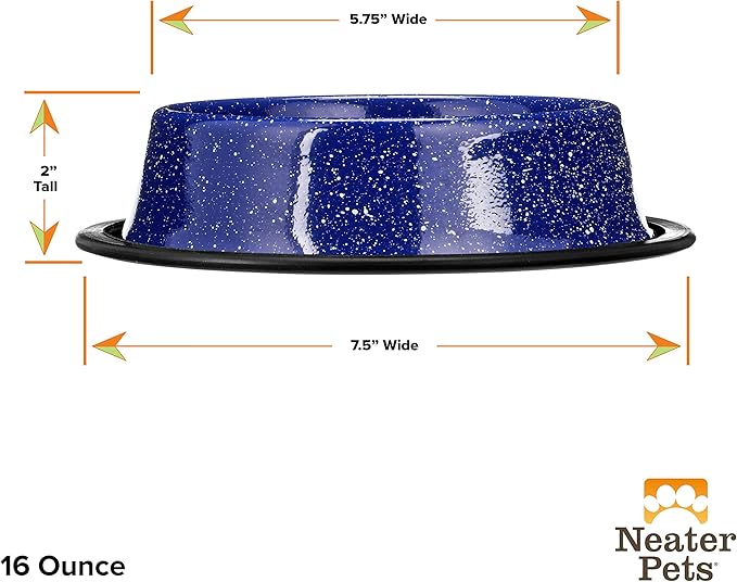 Neater Pet Brands - Outdoor Camping Style Pet Bowl - Enamel Ware Blue Black Granite Colors - Dog Cat No Tip Skid Bowls (16 oz, Blue)