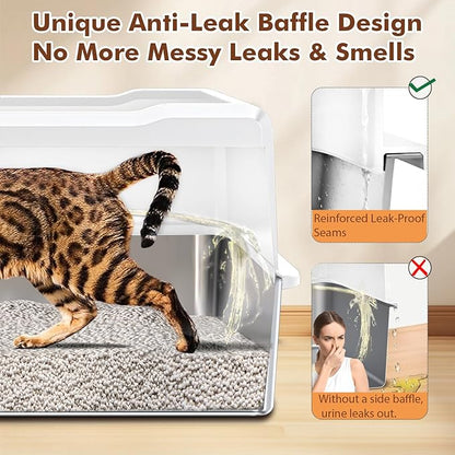 Extra Large Cat Litter Box for Multiple Cats, 28" L x 20" W Stainless Steel Metal Litter Box with High Side, Stop Scatter, Non-Stick, Easy to Clean, Anti-Leak Design, Odor-Resistant (White)