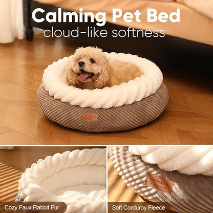 FUKUMARU Dog Bed, Calming Donut Dog Beds, Plush Faux Fur&Corduroy Cat Beds, Cute Round Washable Pet Bed for Large Cats and Small Dogs, Cat Cave with Anti-Slip Bottom, 25inch, Camel
