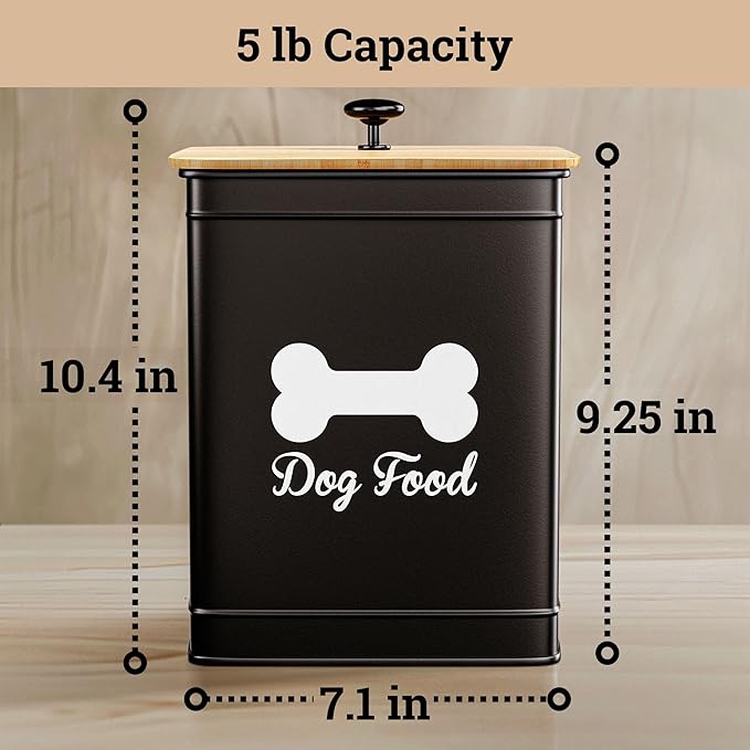 Dog Food Container Airtight 5-7 lb (25 Cup) Capacity - Cute Airtight Dog Food Storage Container with Bamboo Lid & Sturdy Metal Handle - Black Metal Kibble Storage Bin for Dogs up to 50 lbs - Pet Jar