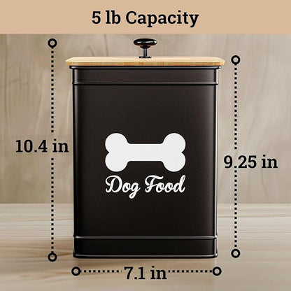 Dog Food Container Airtight 5-7 lb (25 Cup) Capacity - Cute Airtight Dog Food Storage Container with Bamboo Lid & Sturdy Metal Handle - Black Metal Kibble Storage Bin for Dogs up to 50 lbs - Pet Jar