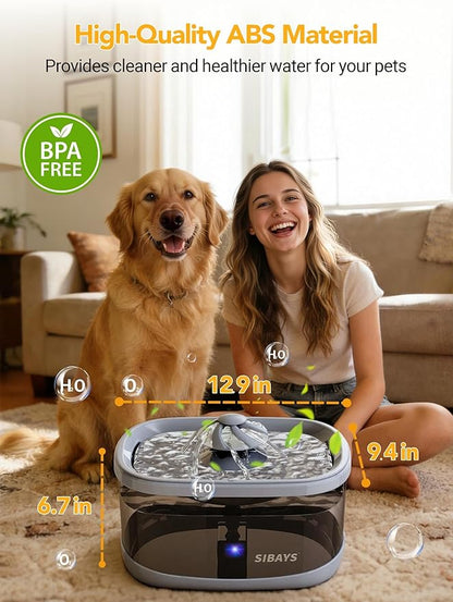 SIBAYS 9.5L Dog Water Fountain for Large Dogs, 2.5Gal Large Capacity Pet Water Fountain with 3 Flow Modes and LED Light, Automatic Ultra Quiet Dog Water Bowl Dispenser, Easy to Clean(FS82, Grey)