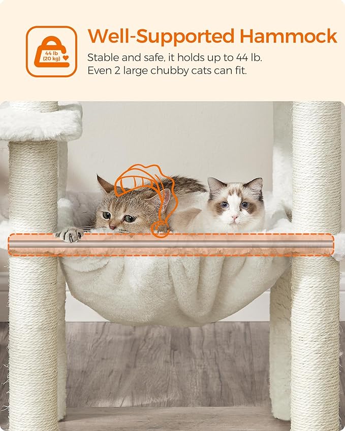 Feandrea Cat Tree, 56.3-Inch Modern Cat Tower, Multi-Level Plush Condo with Scratching Posts, Hammock, Washable Cushion, Heather Greige UPCT164G01