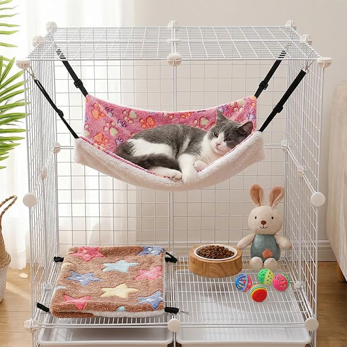 6 Pieces Cat Hammock for Cage, Reversible Soft Pet Hanging Bed with Adjustable Strap, Double Sided Small Animal Sleeping Hammock for Cat Ferret Puppy Rabbits