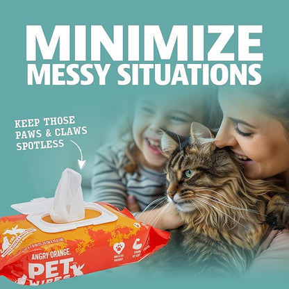 Angry Orange Unscented Pet Wipes - Hypoallergenic & Fragrance-Free With Aloe & Chamomile - Thick Grooming Wipes for Paws, Fur, Butt - Safe for Dogs & Cats - 320 Count - Value 4 Pack