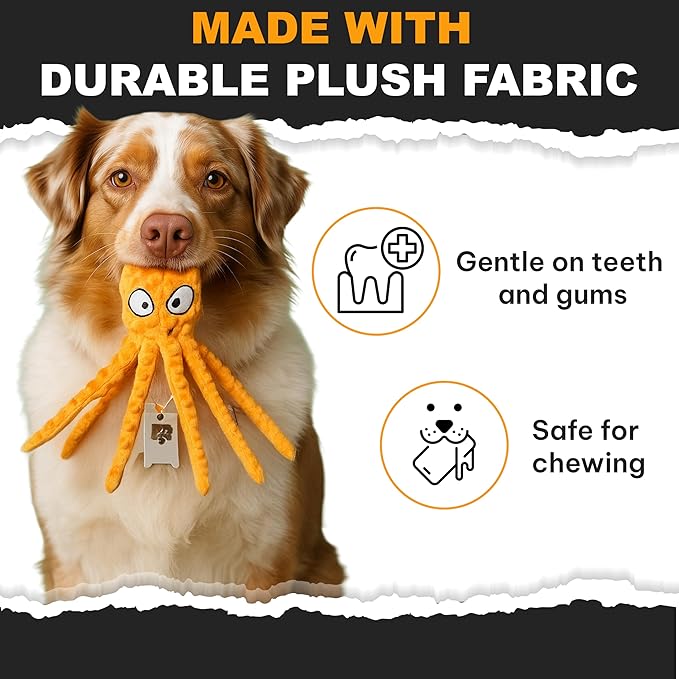 Squeaky Octopus Dog Toy – No Stuffing, Crinkle Sound Plush Chew Toy for Small and Medium Dogs – Durable and Machine Washable – 2 Pack (Orange & Green)
