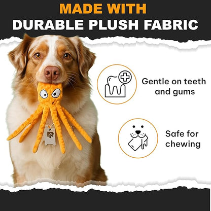 Squeaky Octopus Dog Toy – No Stuffing, Crinkle Sound Plush Chew Toy for Small and Medium Dogs – Durable and Machine Washable – 2 Pack (Orange & Green)
