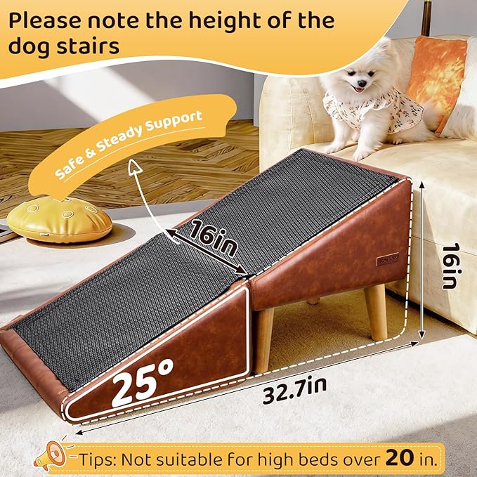 Dog Stairs for Small Dogs and Cats 16" H - with Encrypted Dot-Grip Non-Slip Surface, 2-in-1 Pet Ramp & Steps for Bed/Couch, Foldable Split Ottoman with Solid Wood Frame, Sturdy & Portable for Puppies