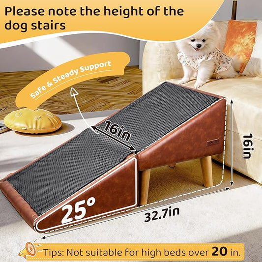 Dog Stairs for Small Dogs and Cats 16" H - with Encrypted Dot-Grip Non-Slip Surface, 2-in-1 Pet Ramp & Steps for Bed/Couch, Foldable Split Ottoman with Solid Wood Frame, Sturdy & Portable for Puppies