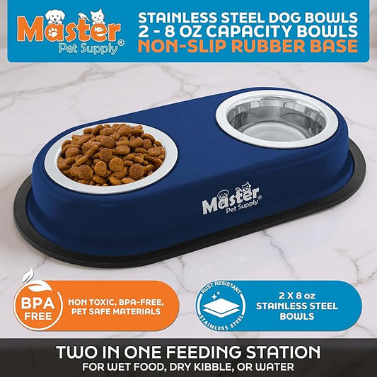 Master Pet Supply Double Dog Bowls Set with Elevated Base and 2 (8 oz) Stainless Steel Removable Dishes (Navy Blue) – Double Cat Food Water Bowl, Dog Puppy Food Bowl Set, Rust Resistant