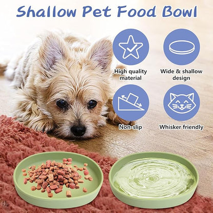 Fhiny 2 PCS Silicone Cat Food Bowls Shallow Dog Bowl 7" Non-Slip Pet Feeding Dishes for Dry and Wet Food Whisker Fatigue Cat Plates for Kitten Puppy and Small Pets(Green)