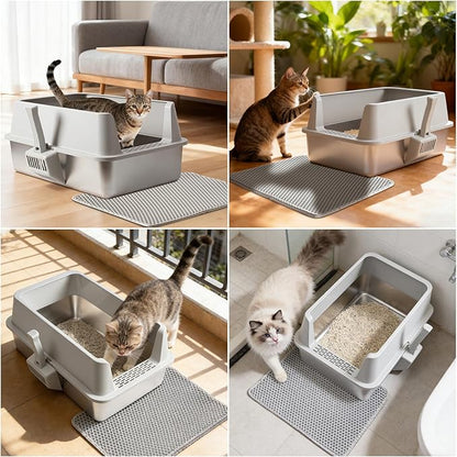 Stainless Steel Cat Litter Box with Lid, 2 Pack XL Metal Litter Box High Sided, Odor-Free/Anti-Urine Leakage & Non-Stick, Extra Large Litter Box with Mat & Scoop for Multiple/Big Cats, Easy Clean