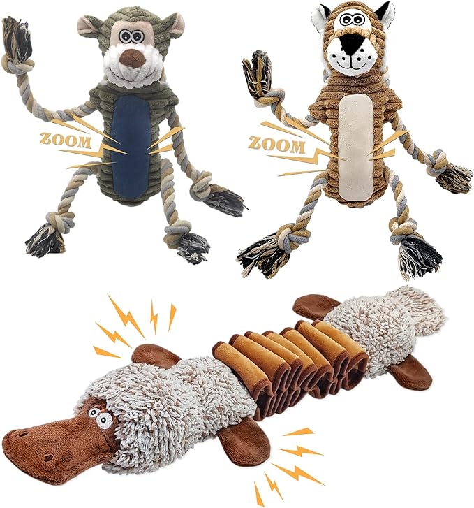Dog Toys for Large Dog - Plush Squeaky Medium & Small Dog Toys (3pack Monkey & Patypus)