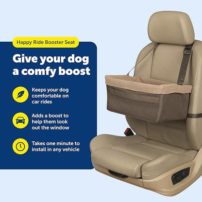 PetSafe Happy Ride Booster Seat for Dogs - Open Road Comfort - Safe Tether System - Zipper Pouch Dog Seat - Machine Washable Fleece Liner - Easy Install Design - Brown - Up to 12 lb