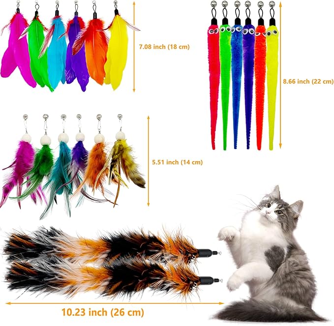 Cat Feather Worm Toy Refills, 20 Pieces Cat Toys Wand Replacement Attachments Assorted Worm Feather Toy for Indoor Cats