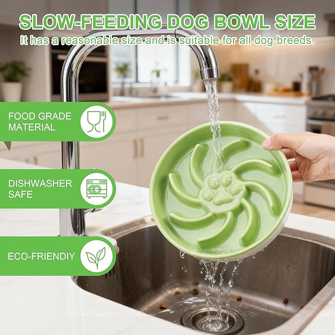 Ceramic Slow Feeder Dog Bowl, 1.5 Cup Dog Food or 20oz Water, Slow Eating Bowl for Small Breed, Maze Puzzle Feeder for Fast Eaters, Anti-Choking Stop Bloat, Non-Slip BPA Free (Green)