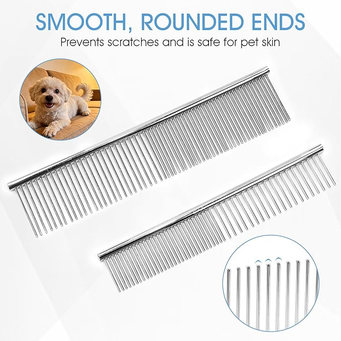 2PCS Metal Pet Combs,Different Spaced Rounded End Teeth Detangler Deshedding Comb for Dog,Cat,Pet