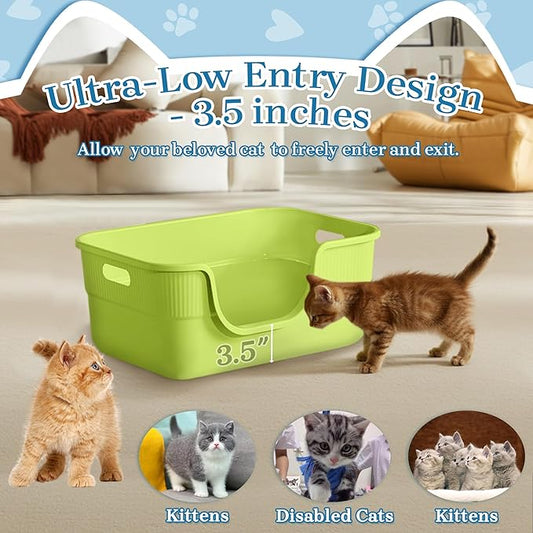 Low Entry Kitty Litter Box for Small Cats, Kittens Litter Boxes with High Sides, Open Top, Anti-Splash Plastic Litter Pan for Medium Pets, Easy to Clean, 16.5" L*11.8" W*7" H (Green)