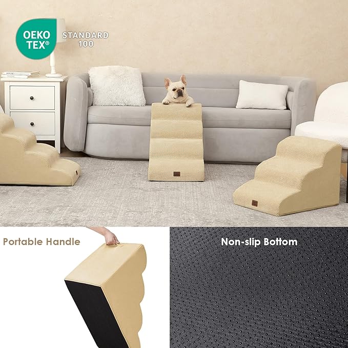EHEYCIGA Curved Dog Stairs Ramp for High Beds 19.7" H, 4-Step Dog Steps for Small Dogs and Cats, Pet Stairs for High Bed Climbing, Non-Slip Balanced Pet Step Indoor, Graige