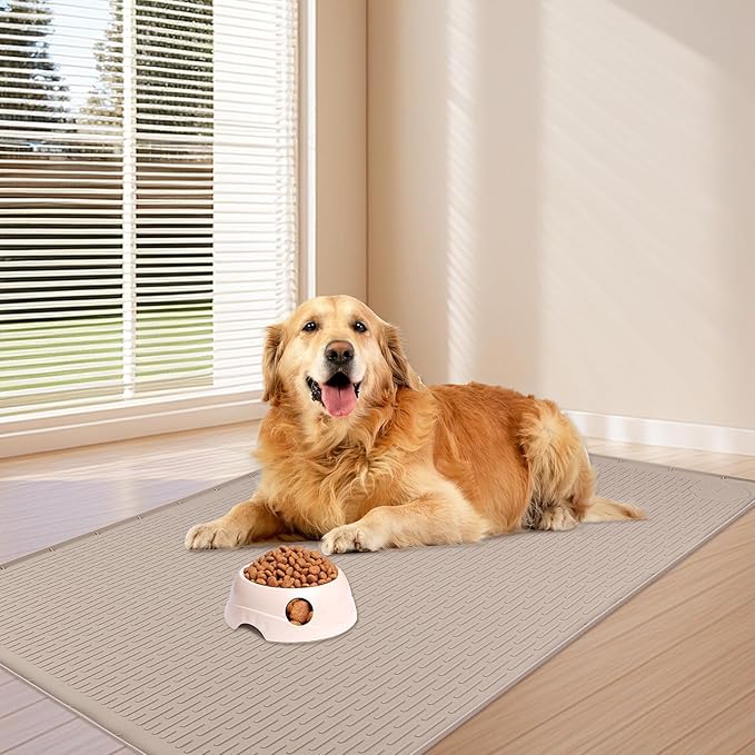 Dog Food Mat, Extra Large 57" x 40" Silicone Pet Feeding Mat with Raised Edge Pet Placemat for Small, Medium, and Large Pets Non-Slip, Easy to Clean (Khaki)