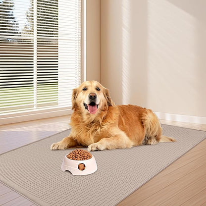 Dog Food Mat, Extra Large 57" x 40" Silicone Pet Feeding Mat with Raised Edge Pet Placemat for Small, Medium, and Large Pets Non-Slip, Easy to Clean (Khaki)