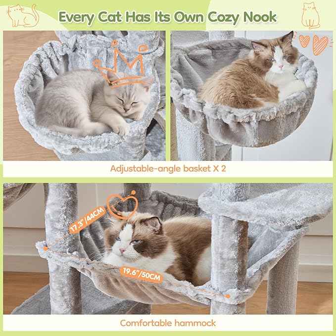 Taoqimiao 72 Inch Cat Tree, XXL Cat Tower for Indoor Cats Large Adult 25Lbs+, Extra-Large Platform, 2 Cat Houses, 7 Scratching Post, Extra-Sized Durable Hammock, Cozy Basket, Light Gray, F20W