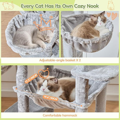 Taoqimiao 72 Inch Cat Tree, XXL Cat Tower for Indoor Cats Large Adult 25Lbs+, Extra-Large Platform, 2 Cat Houses, 7 Scratching Post, Extra-Sized Durable Hammock, Cozy Basket, Light Gray, F20W