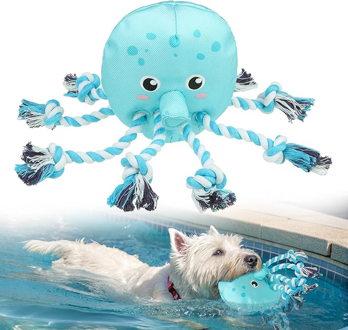SCENEREAL Octopus Dog Squeaky Toy for Small Medium Dogs- Floating Dog Toys on Water for Pool Fetch, Puppy Interactive Rope Chew Toy for Indoor Outdoor Play