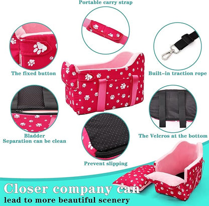Cullaby Center Console Dog Car Seat for Small Dogs Under 15 lbs - Detachable Washable Carrier with Safety Belt & Storage Pockets, Pink